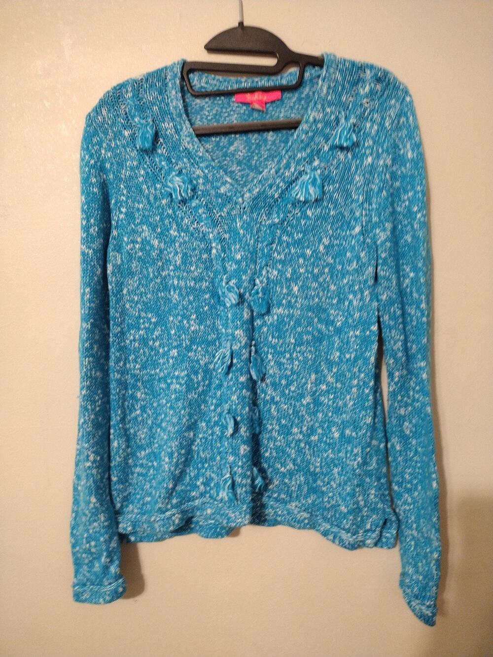 Lilly Pulitzer Sweater Cardigan Womens L Blue Tassel Trim V Neck Long Sleeve